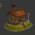 Small House With Red Roof Brick Chimney Blue Door Windows Stone Steps Lamp And Grass