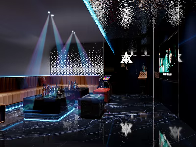 Modern KTV Interior Design With Neon Lighting Leather Sofa And Decorative Wall Panels 3d model