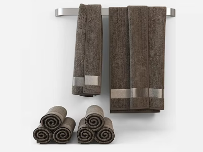 Brown Towels With Silver Trim Hanging On Rack And Rolled For Bathroom Decor 3d model