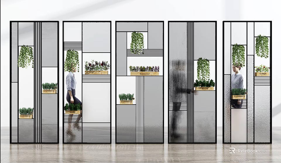 Modern Glass Room Divider With Geometric Design And Decorative Plants For Interior Space 3d model 