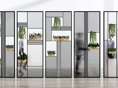 Modern Glass Room Divider With Geometric Design And Decorative Plants For Interior Space 3d model