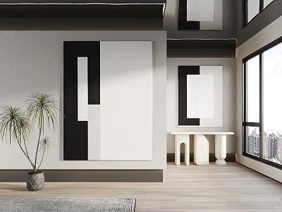 Black And White Abstract Painting On Wall With Geometric Shapes And Modern Interior Decor 3d model