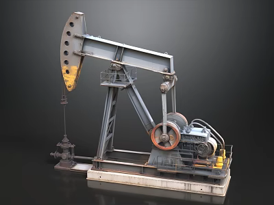 Gray And Yellow Oil Pump Jack With Metal Structure And Mechanical Parts 3d model