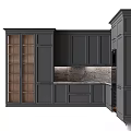 Modern Dark Gray Kitchen Cabinets With Glass Fronts And Stone Backsplash 3d model