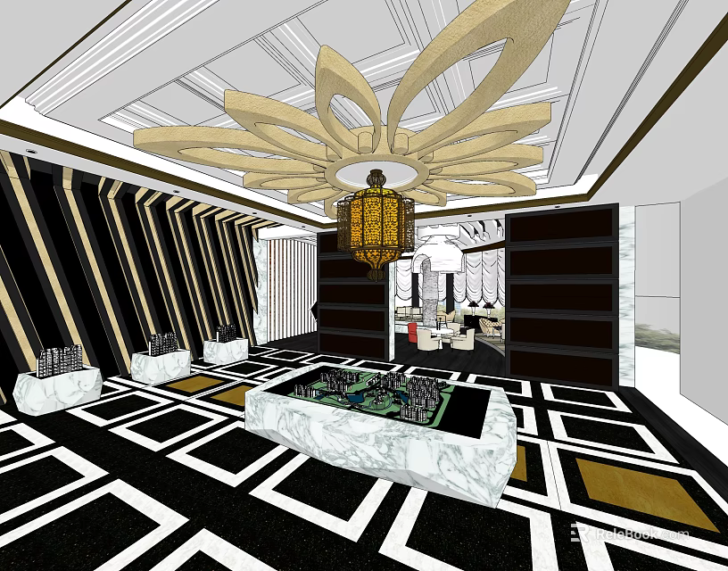 Hotel Public Lounge Area Featuring Golden Chandelier Striped Walls And Black White Geometric Floor 3d model 