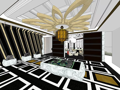 Hotel Public Lounge Area Featuring Golden Chandelier Striped Walls And Black White Geometric Floor 3d model