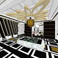 Hotel Public Lounge Area Featuring Golden Chandelier Striped Walls And Black White Geometric Floor