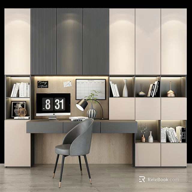 Modern Desk Interior Design With Bookshelves Table Lamp Clock And Decorative Books 3d model 