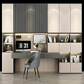 Modern Desk Interior Design With Bookshelves Table Lamp Clock And Decorative Books
