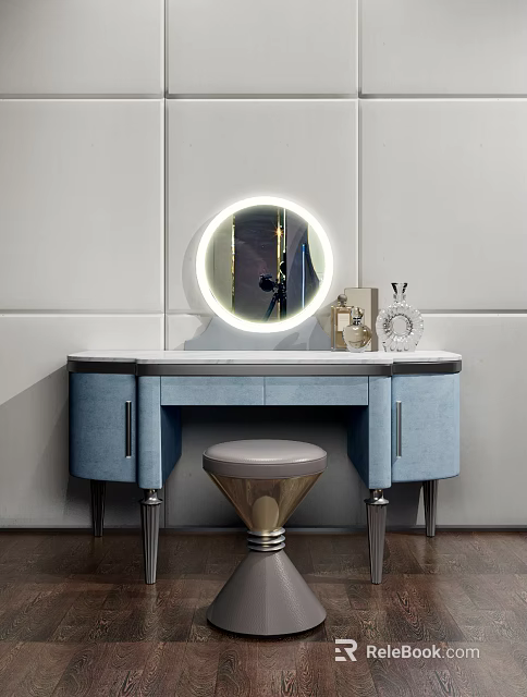 Blue Dressing Table With Round Illuminated Mirror White Top And Decorative Items 3d model