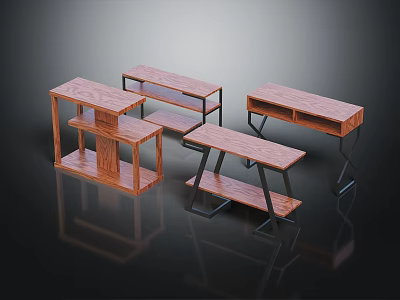 Various Wooden Storage Shelves And Tables With Metal Frames And Tiered Designs 3d model