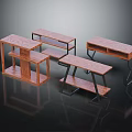 Various Wooden Storage Shelves And Tables With Metal Frames And Tiered Designs