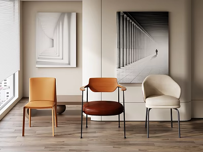 Modern Accent Single Chairs in Orange Brown Beige with Black White Artwork Wooden Floor Blinds 3d model