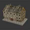 Traditional Timber Framed House With Sloped Tiled Roof Chimneys Multiple Windows And Stone Base