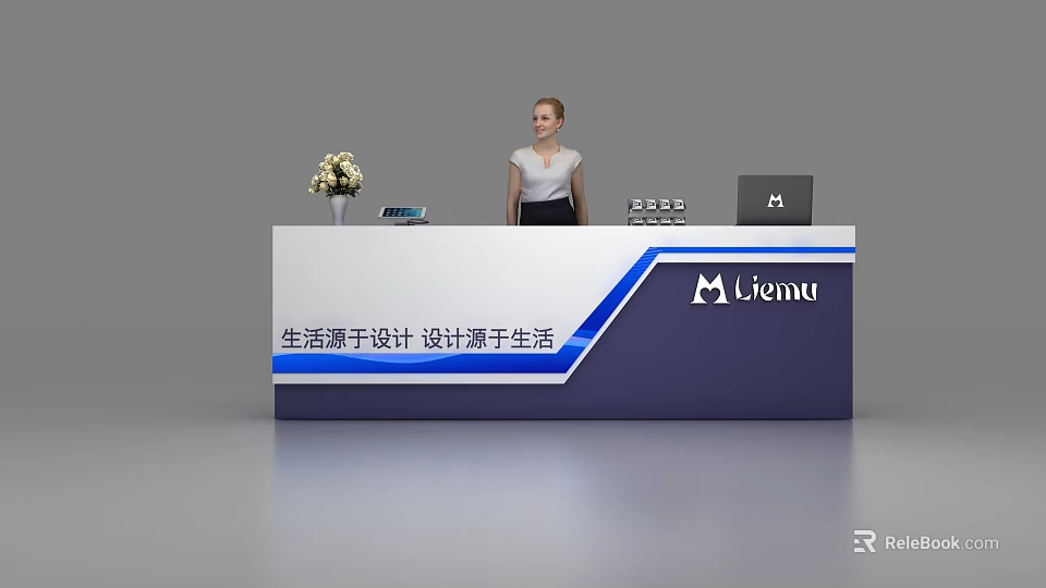 Modern Reception Desk with Flower Vase Laptop Menu Brand and Blue White Accents 3d model 