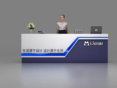 Modern Reception Desk with Flower Vase Laptop Menu Brand and Blue White Accents 3d model