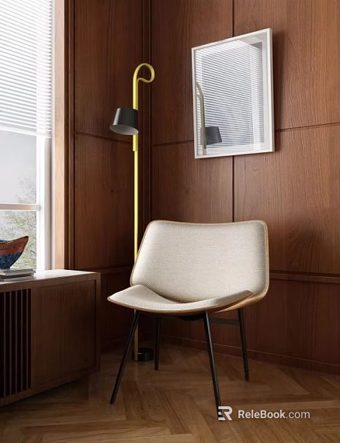 Comfortable Leisure Chair In Cozy Corner With Wooden Wall Floor Lamp And Window Blinds 3d model 