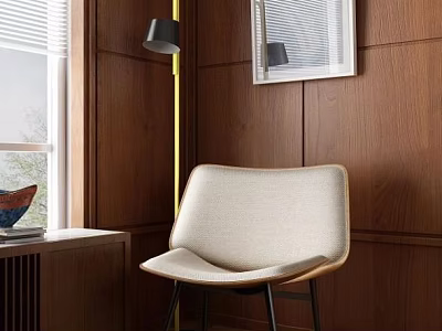 Comfortable Leisure Chair In Cozy Corner With Wooden Wall Floor Lamp And Window Blinds 3d model