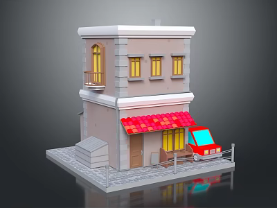 Two Story Detached Villa Exterior Featuring Red Awning Yellow Windows And Red Car 3d model