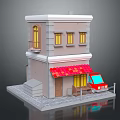 Two Story Detached Villa Exterior Featuring Red Awning Yellow Windows And Red Car