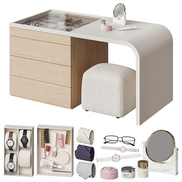 Modern Vanity with Drawers and Stool Featuring Cosmetics Accessories Mirror Watches and Lipsticks 3d model 