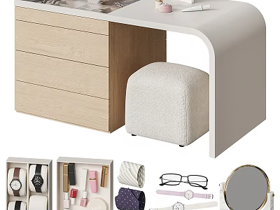 Modern Vanity with Drawers and Stool Featuring Cosmetics Accessories Mirror Watches and Lipsticks 3d model