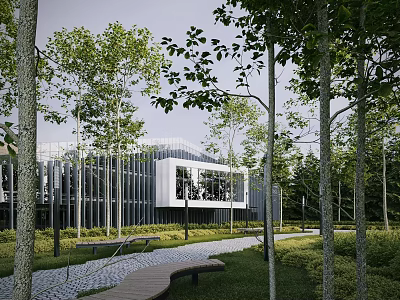 Modern Office Building Exterior Surrounded by Trees Grass Pathway and Benches 3d model