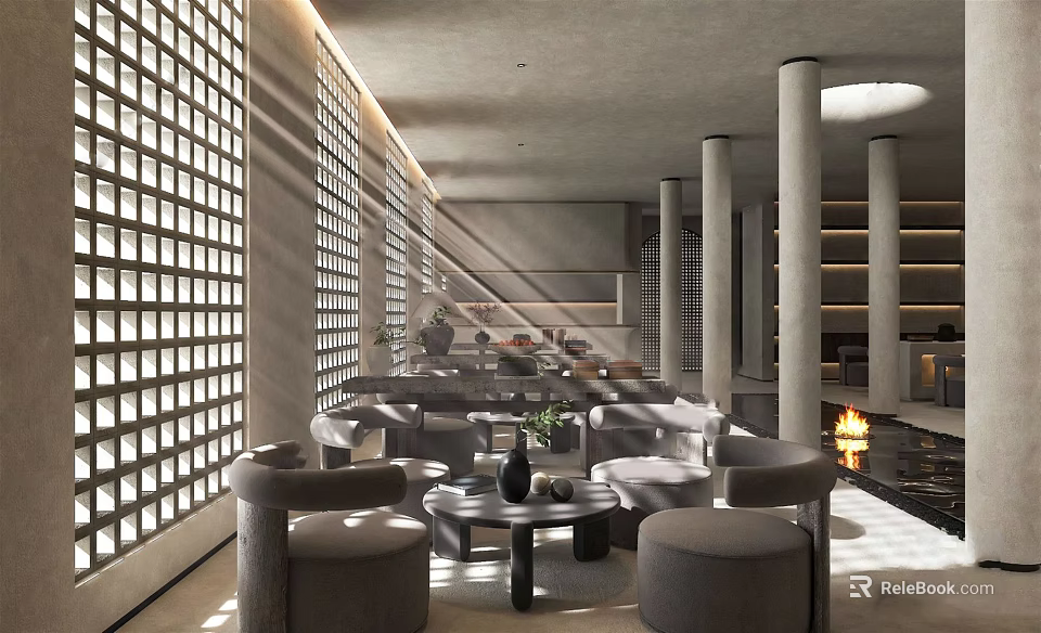 Modern Elegant Restaurant Interior With Large Windows Columns Sofas Coffee Tables And Fireplace 3d model