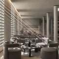 Modern Elegant Restaurant Interior With Large Windows Columns Sofas Coffee Tables And Fireplace 3d model