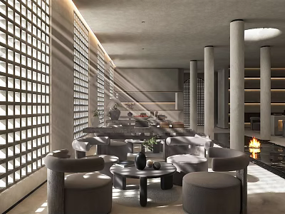 Modern Elegant Restaurant Interior With Large Windows Columns Sofas Coffee Tables And Fireplace 3d model