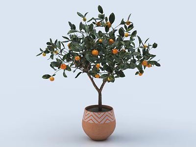 Bonsai Potted Tree with Orange Fruits and Green Leaves in Brown Pot with White Patterns 3d model