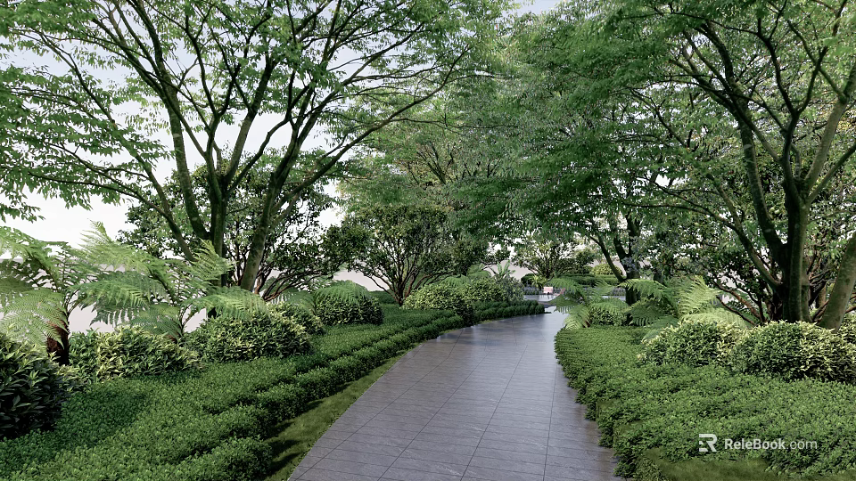 Residential Landscape Featuring Shaded Walkway Well-trimmed Green Shrubs Lush Trees and Gray Tile Pathway 3d model 