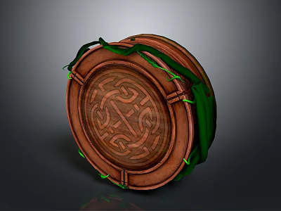 Round Wooden Tray With Intricate Carved Pattern And Green Decorative Straps 3d model