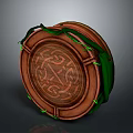 Round Wooden Tray With Intricate Carved Pattern And Green Decorative Straps