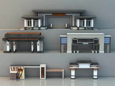 Various Entrance Gate Architectural Designs Featuring Traditional And Modern Styles With Decorative Elements 3d model