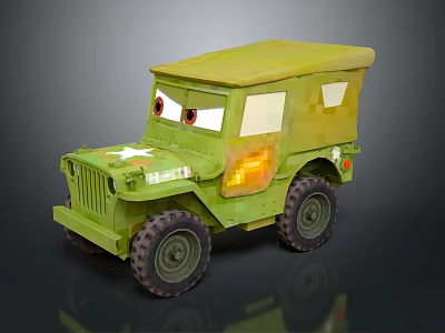 Green Cartoon Toy Jeep With Big Eyes Canvas Top And Large Wheels 3d model