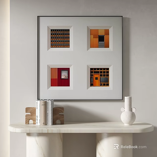 Modern Abstract Wall Art Above Marble Console Table With Books And Vase 3d model