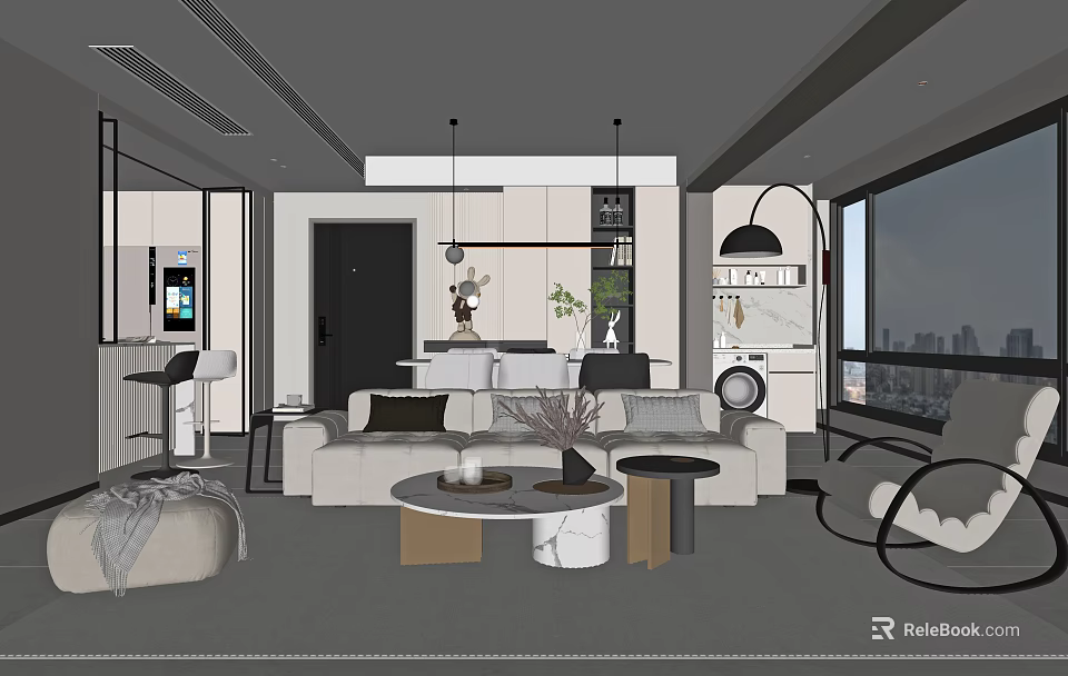 Modern Living Dining Room Interior With Sofa Coffee Table Pendant Lights And Decorative Plants 3d model 