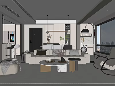 Modern Living Dining Room Interior With Sofa Coffee Table Pendant Lights And Decorative Plants 3d model
