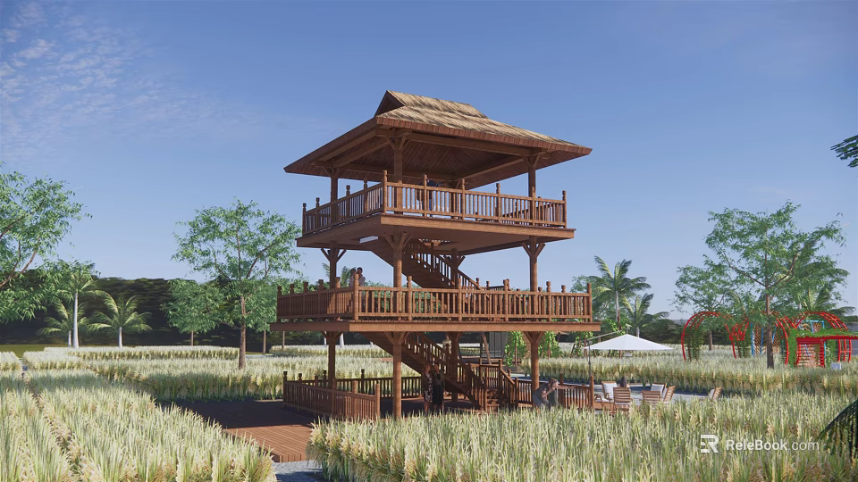 Two Story Wooden Pergola With Thatched Roof Surrounded by Green Fields and Trees 3d model 