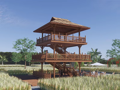 Two Story Wooden Pergola With Thatched Roof Surrounded by Green Fields and Trees 3d model
