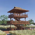 Two Story Wooden Pergola With Thatched Roof Surrounded by Green Fields and Trees