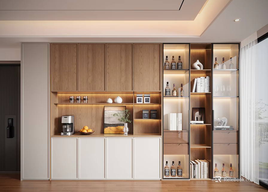 Modern Wooden and White Decorative Cabinet with Glass Doors Shelves Books Wine Bottles and Decorations 3d model 