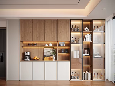 Modern Wooden and White Decorative Cabinet with Glass Doors Shelves Books Wine Bottles and Decorations 3d model