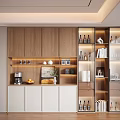 Modern Wooden and White Decorative Cabinet with Glass Doors Shelves Books Wine Bottles and Decorations