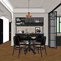 Elegant Restaurant Interior With Pendant Light Wine Rack Perforated Backsplash Round Table And Rattan Chairs