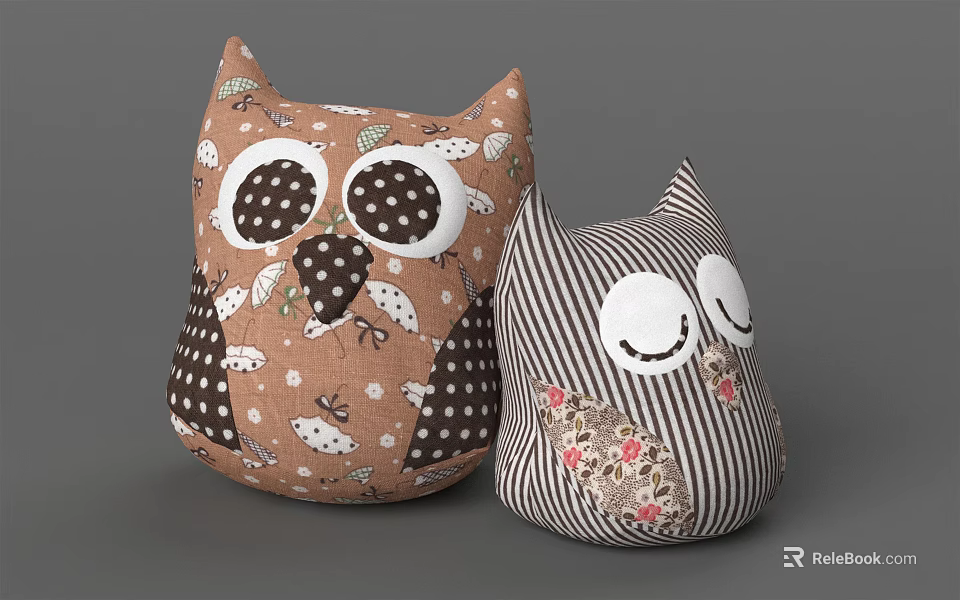 Cute Owl Plush Toys With Brown Polka Dots Leaves And Black White Striped Floral Design 3d model 