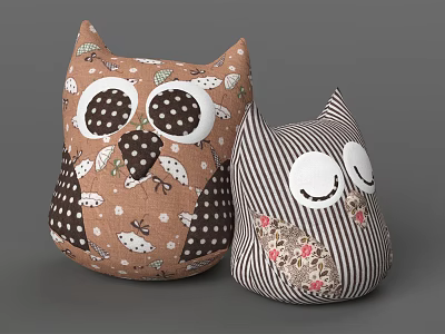 Cute Owl Plush Toys With Brown Polka Dots Leaves And Black White Striped Floral Design 3d model