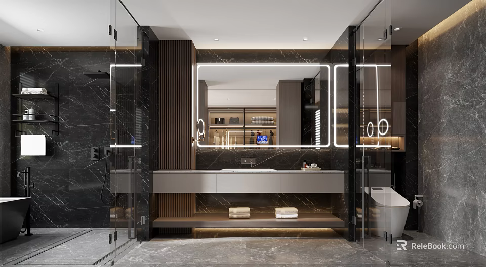 Modern Luxury Bathroom Interior With Black Marble Surfaces Glass Shower Partition And LED Vanity Mirror 3d model 