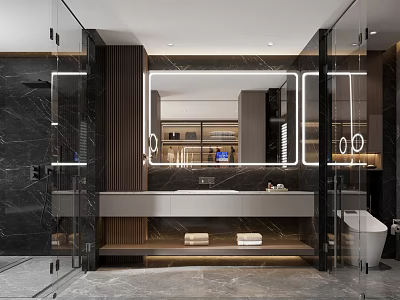 Modern Luxury Bathroom Interior With Black Marble Surfaces Glass Shower Partition And LED Vanity Mirror 3d model
